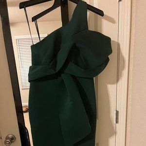 ASOS design peekabo shoulder gathered midi pencil dress in forest green size 10